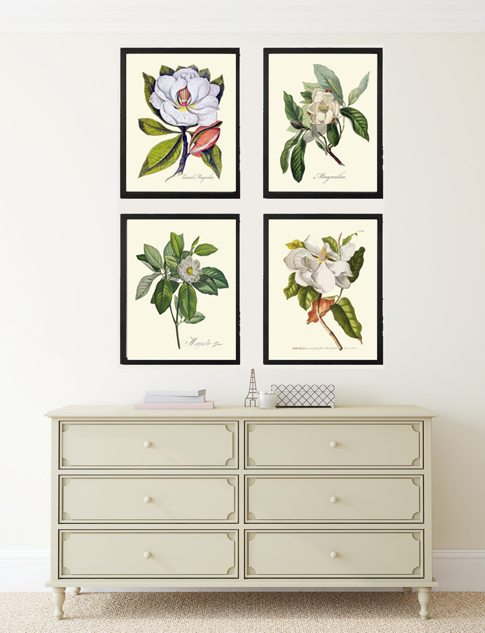 Blooming Magnolia Tree White Flowers Botanical Print Set of 4 Prints ...