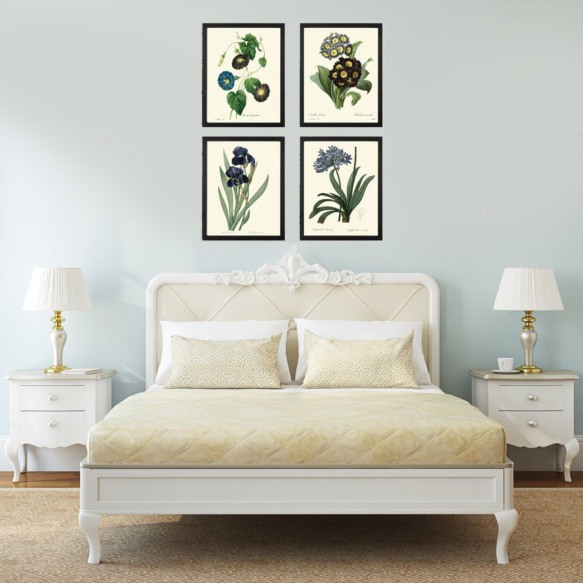 Blue Flowers Botanical Wall Art Set of 4 Prints Beautiful Vintage ...