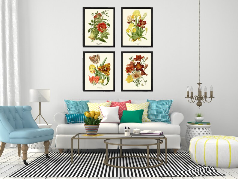 Botanical Print Set of 4 Prints Tulip Lily Iris Beautiful Antique Wall ...