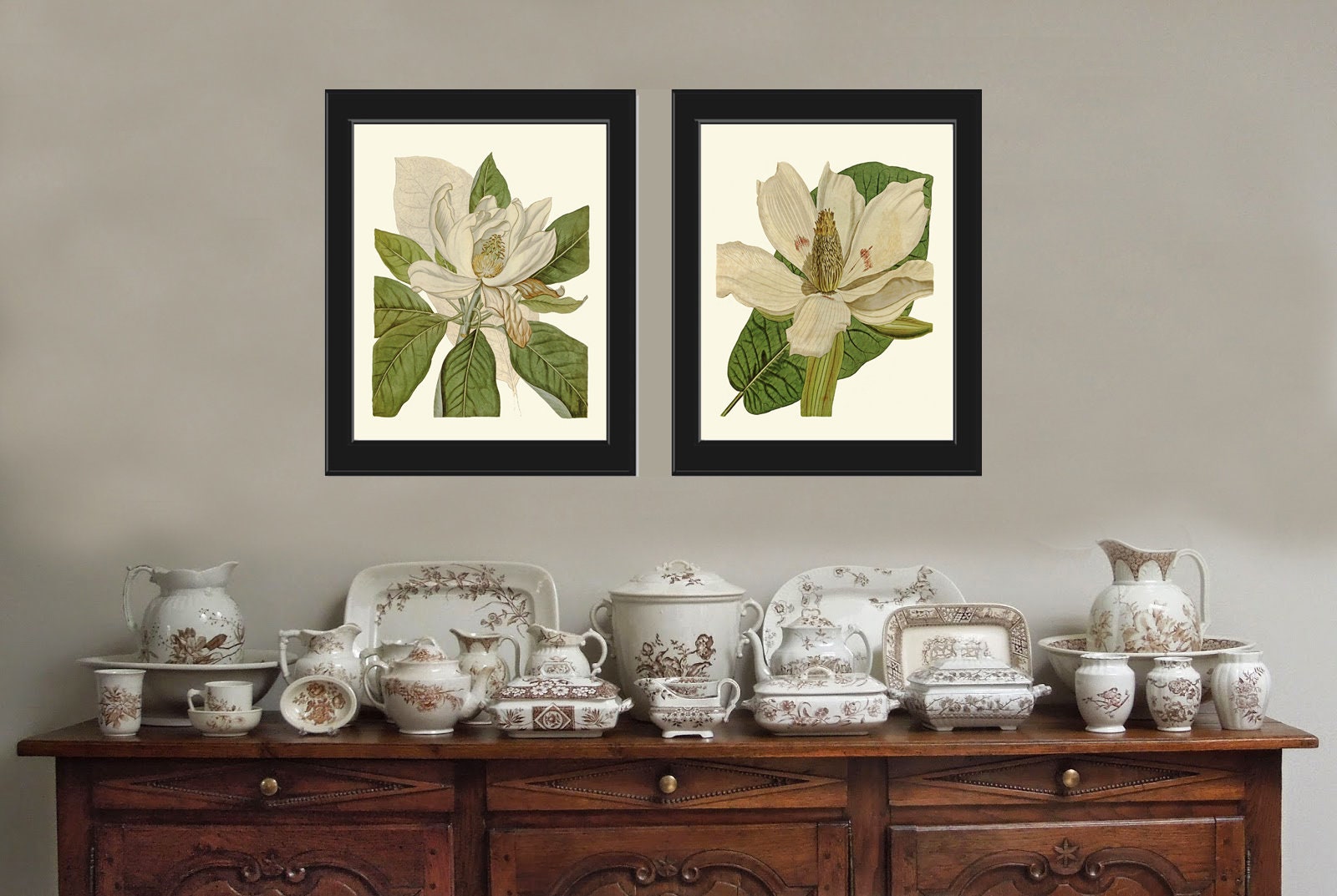 Vintage Magnolia Flower Botanical Prints Wall Art Set of 2 Beautiful ...