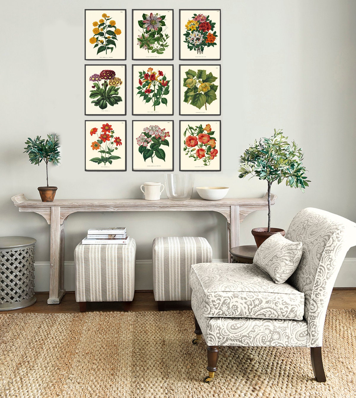 Botanical Wall Decor Art Set of 9 Prints Beautiful Vintage Antique ...