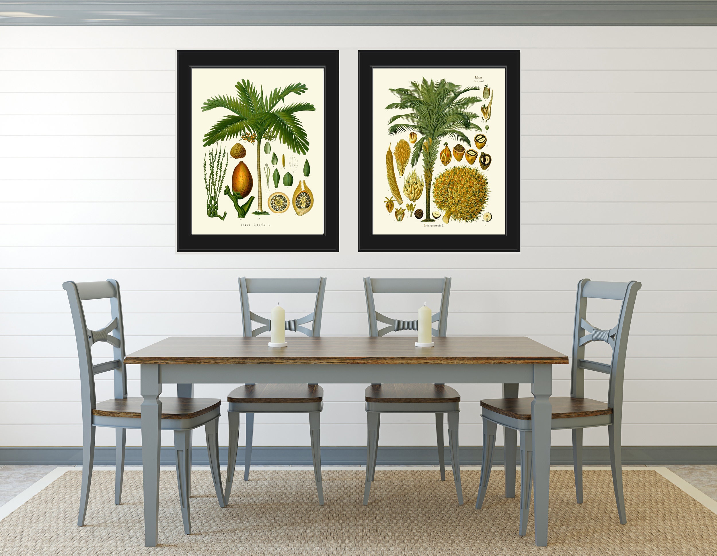 Palm Tree Print Tropical Botanical Wall Art Set of 2 Beautiful Antique ...