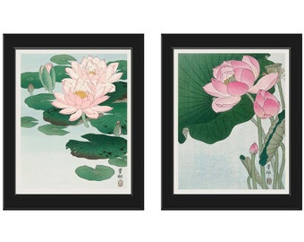 Water Lily Botanical Prints Wall Art Set de 2 hermosos carteles orientales japoneses vintage antiguos pintura flores decoración del hogar para enmarcar FLW1
