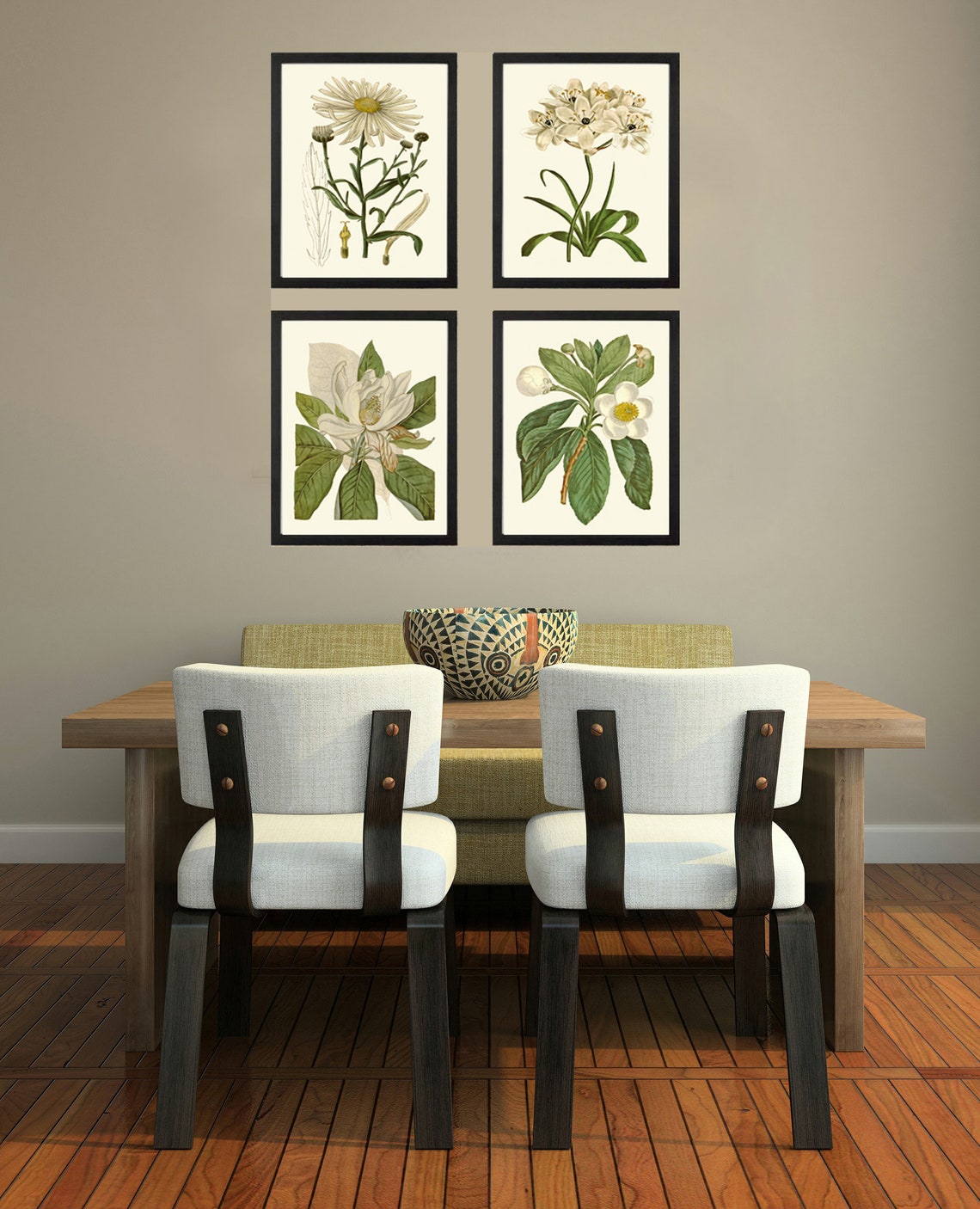 White Flowers Botanical Prints Wall Art Set of 4 Beautiful Antique ...