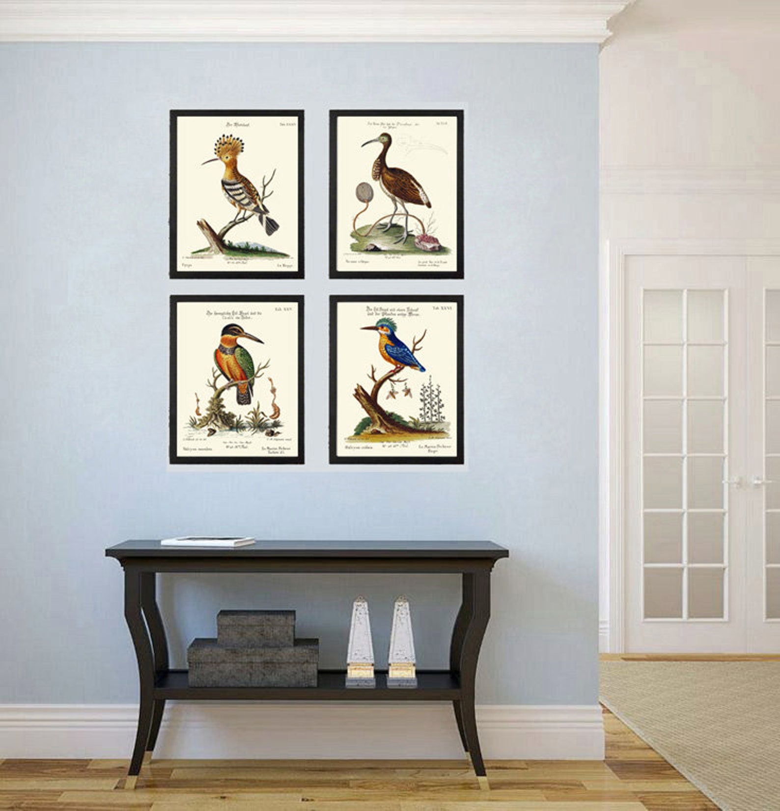 Vintage Birds Wall Art Prints Set of 4 Beautiful Bird Illustration Blue