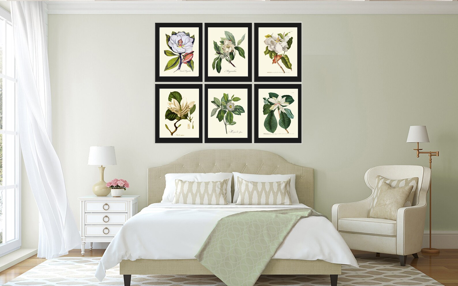 White Magnolia Botanical Prints Wall Decor Art Set of 6 Beautiful ...