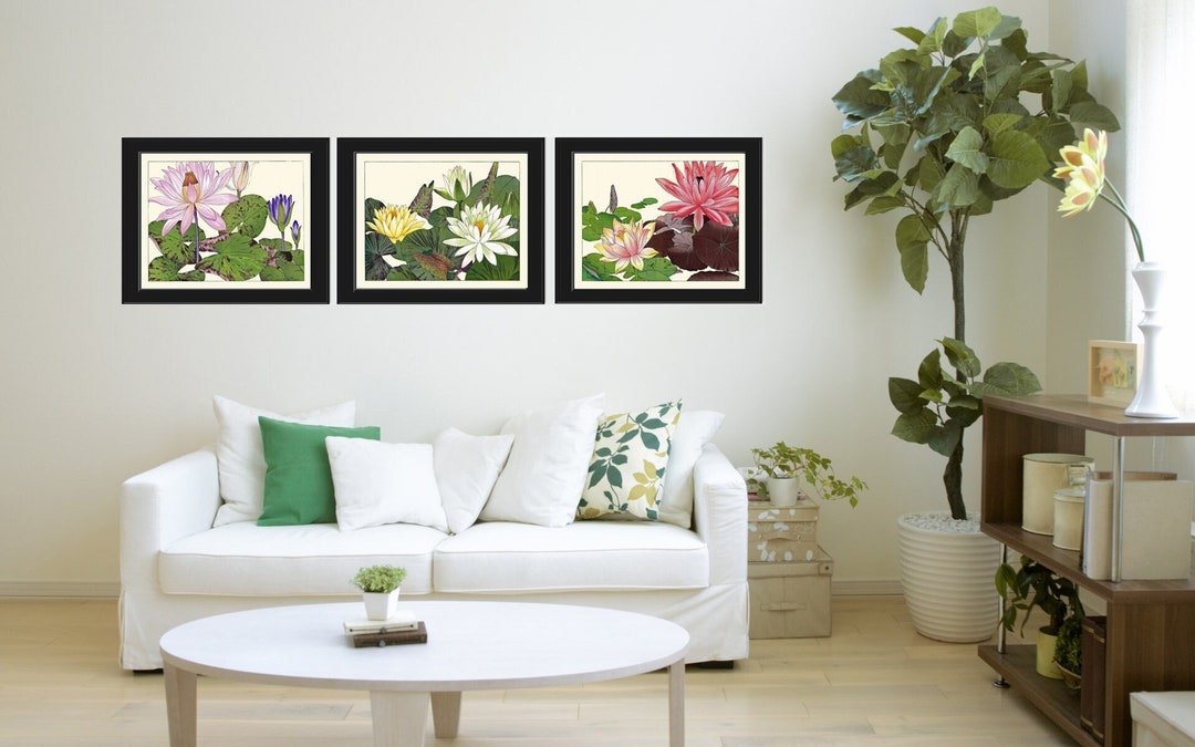 Water Lily Lotus Botanical Wall Art Set of 3 Prints Beautiful Pink ...