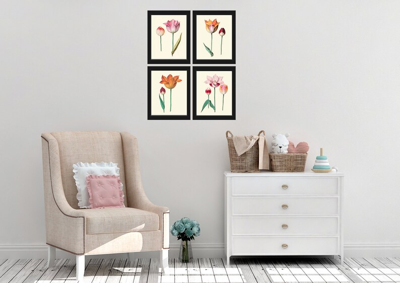 Botanical Prints Tulip Flowers Wall Art Decor Set of 4 Beautiful ...