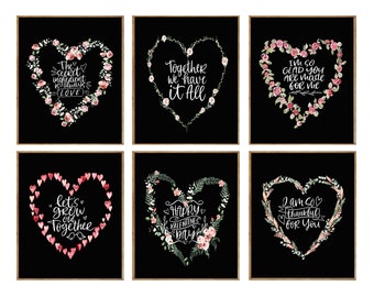 Valentine's day gift present Wall Art Set 6 Beautiful Love Sayings Pink Hearts Roses Flowers Black Background Home Room Decor to Frame VAL