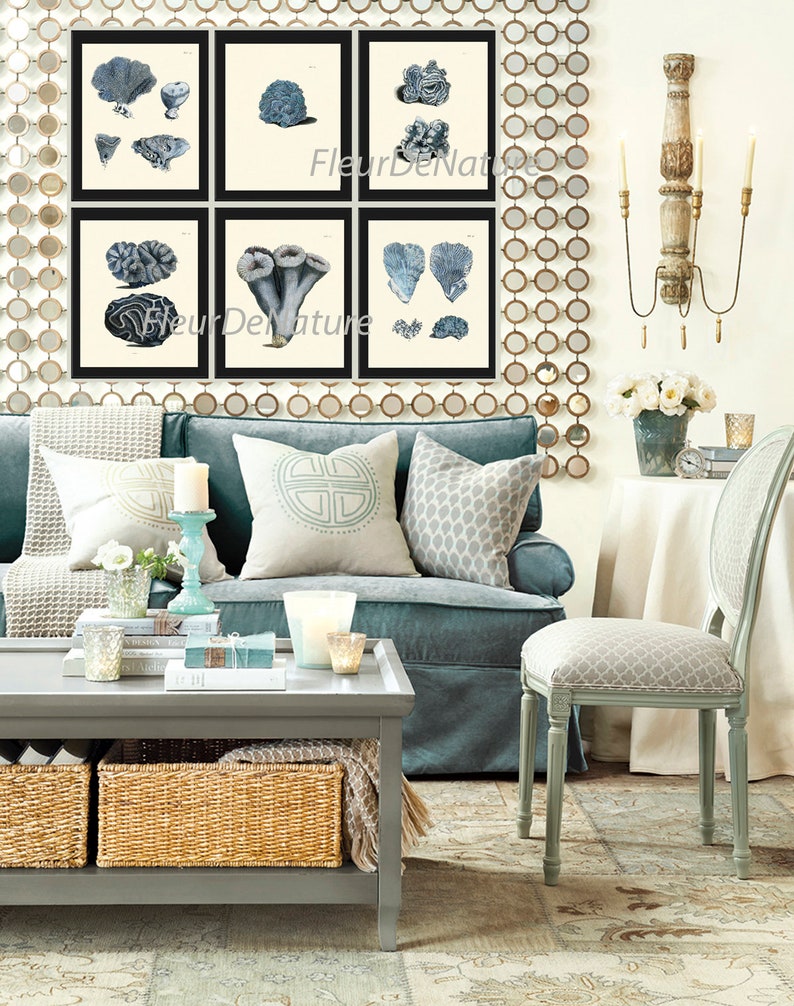 Blue Coral Prints Wall Art Set of 6 Beautiful Antique Vintage Sea Ocean ...