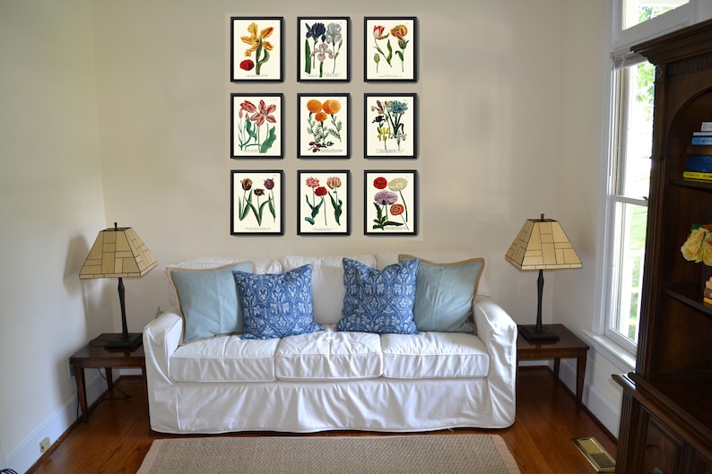 Tulips Peony Iris Flowers Botanical Prints Wall Art Set of 9 Beautiful ...