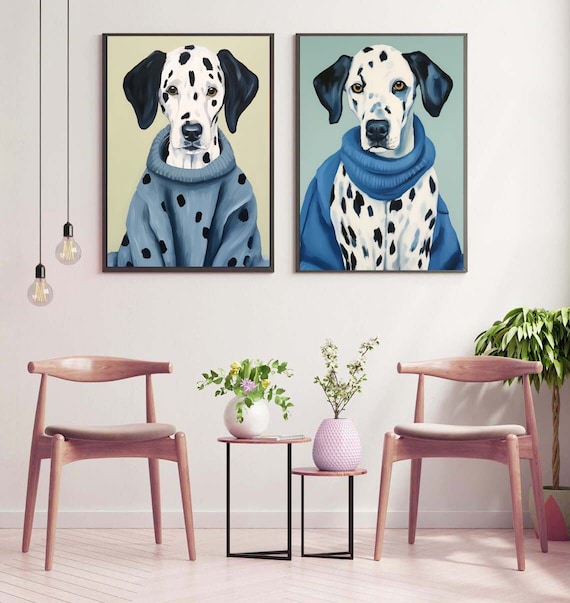 Dalmatian Dog Wall Art Print Portrait Set of 2 Beautiful Blue