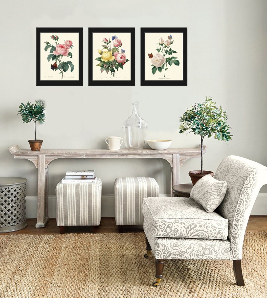 Roses Prints Botanical Wall Art Set of 3 Beautiful Antique Vintage Pink ...
