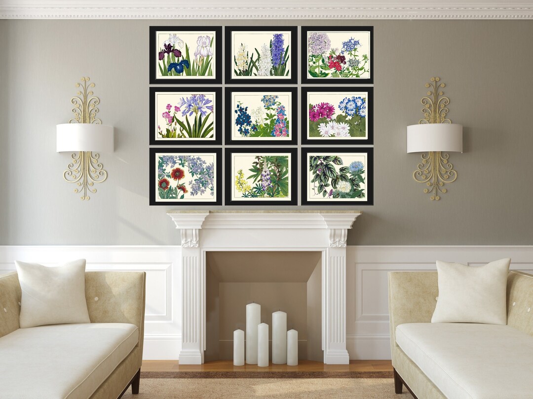 Vintage Wildflowers Botanical Wall Art Set of 9 Prints Blue White Pink ...