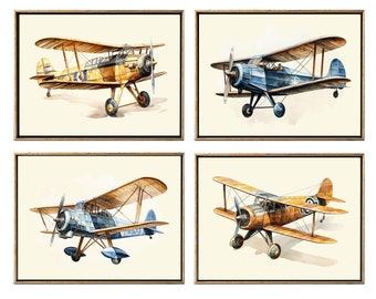 Vintage Airplanes Wall Art Print Set of 4 Playroom Game Room Office Study Boy Bedroom Nursery Illustration Painting Home Decor to Frame CAB