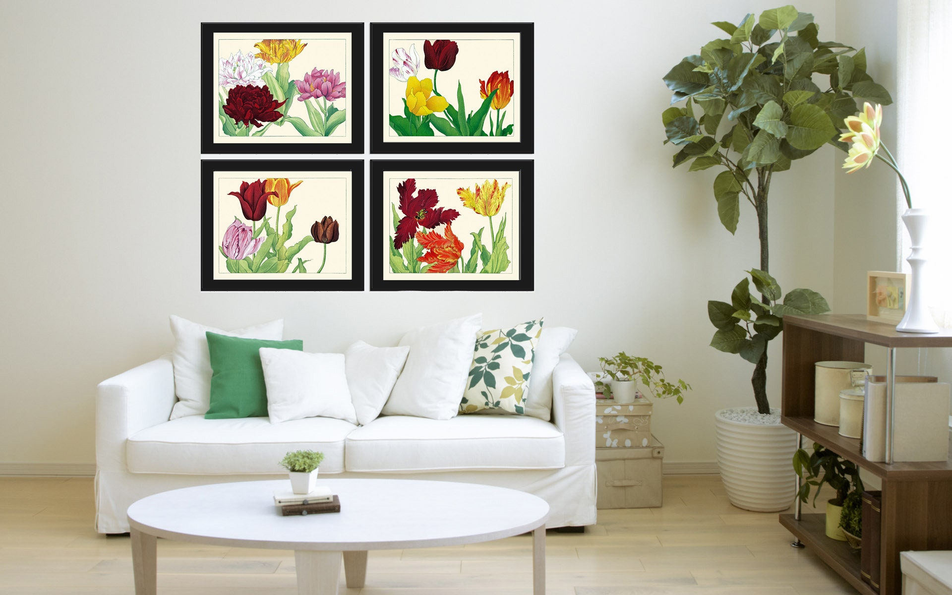 Tulips Botanical Print Set of 4 Prints Beautiful Antique Horizontal ...