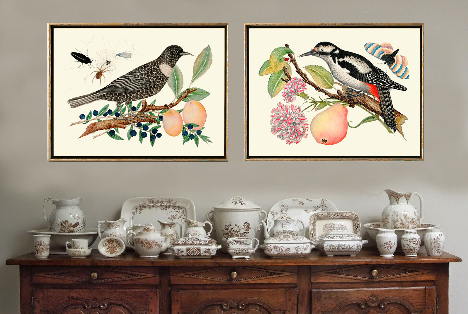 Vintage Birds Wall Art Decor Prints Set of 2 Beautiful Antique Berries