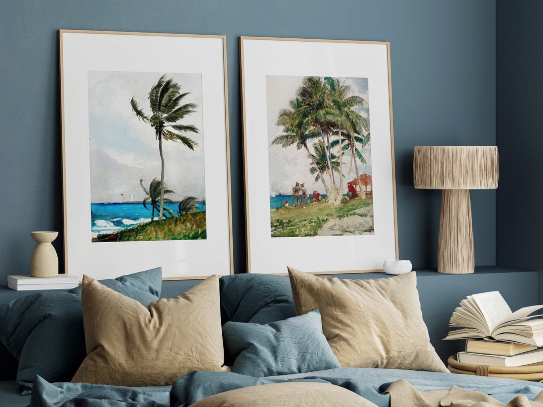 Palm Tree Blue Ocean Beach Tropical Prints Wall Art Set of 2 Beautiful ...