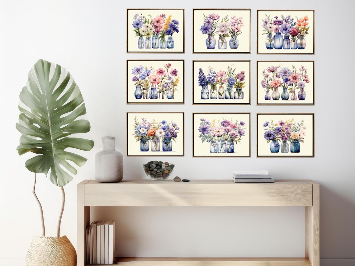 Botanical Wildflowers in Glass Vases Prints Wall Art Set of 9 Beautiful ...