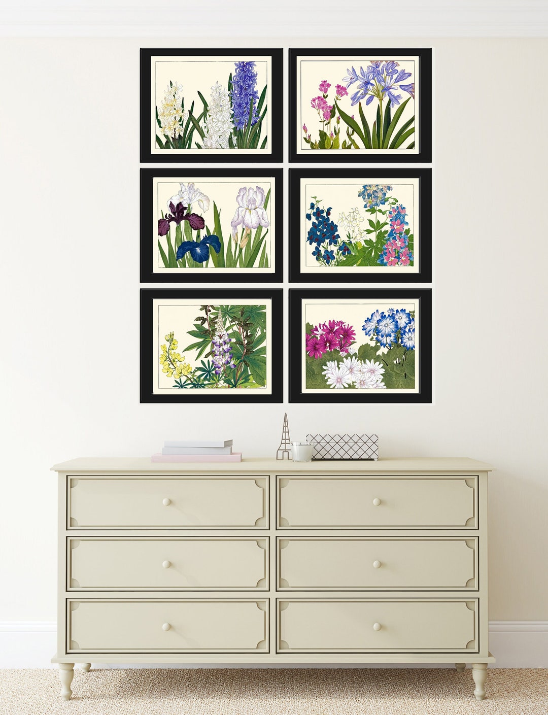 Japanese Flower Prints Botanical Wall Art Set of 6 Blue White Pink Iris ...