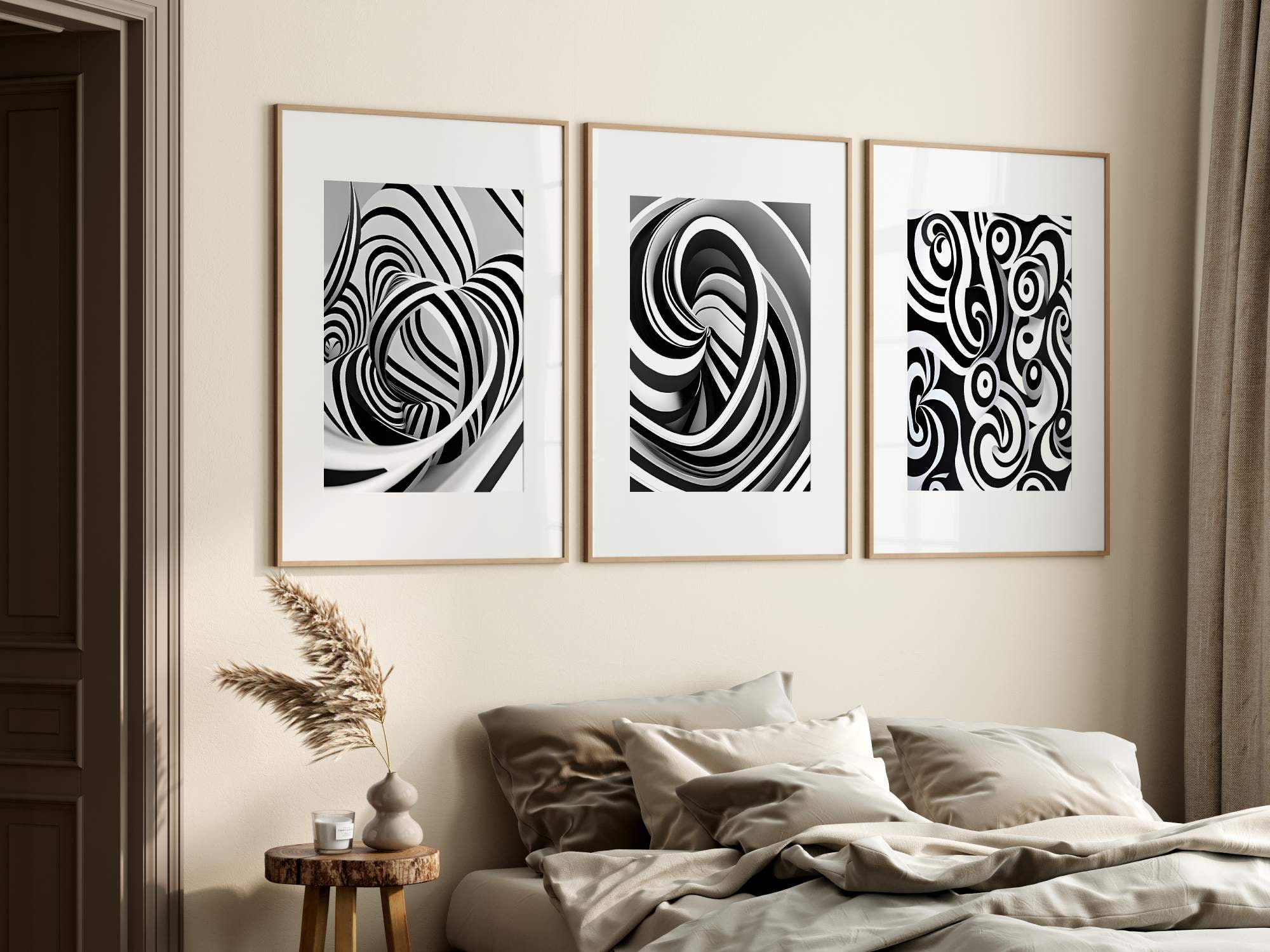Mid Century Modern Wall Art Set of 3 Prints Minimalist Abstract Black ...