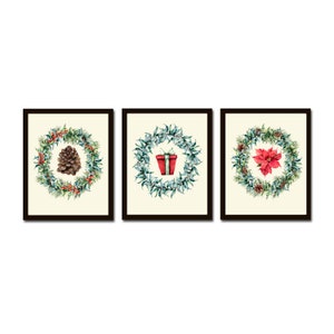 Kerst Wall Art Holiday Home Decor Print Set van 3 Pinecone Gift Boxe Rode Poinsettia Krans Eetkamer Open haard Home Decor om CM in te lijsten