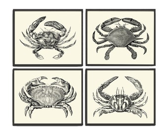 Vintage Crab Prints Wall Art Set of 4 Beautiful Black and White Crabs Sea Ocean Nautical Marine Nature Science Beach Home Decor to Frame SM