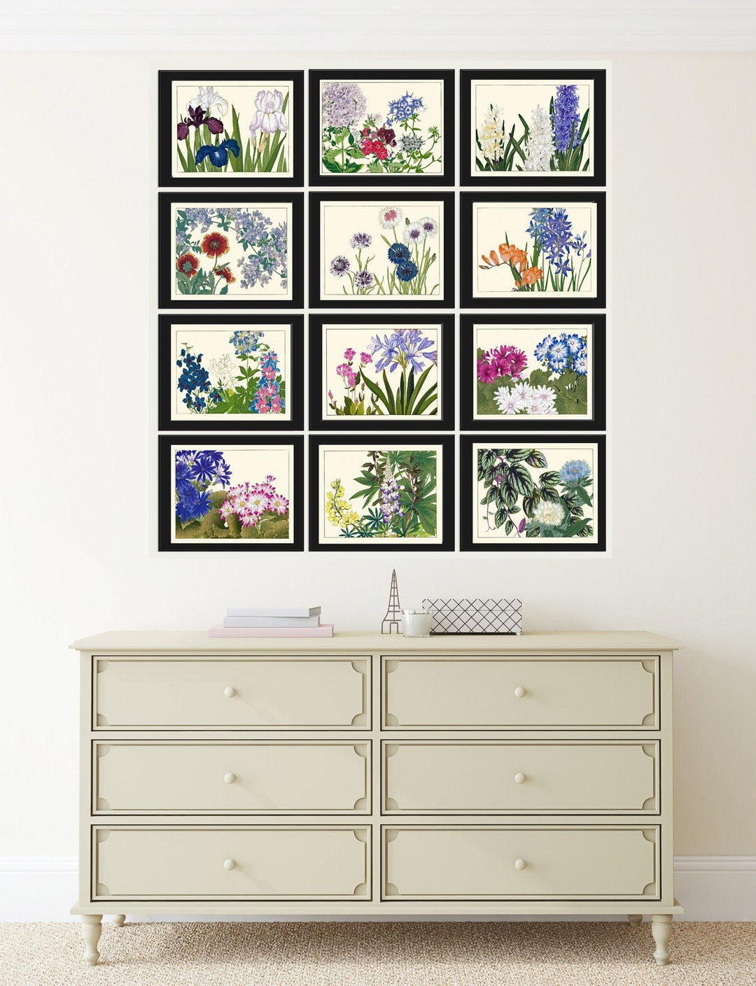 White Blue Wildflowers Botanical Wall Art Set of 12 Prints Beautiful ...