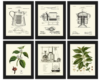 Coffee Bar Sign Wall Art Botanical Prints Set of 6 Kitchen Dining Room Plant Beans Grinding Machine Patent Drawing Home Decor to Frame COFF