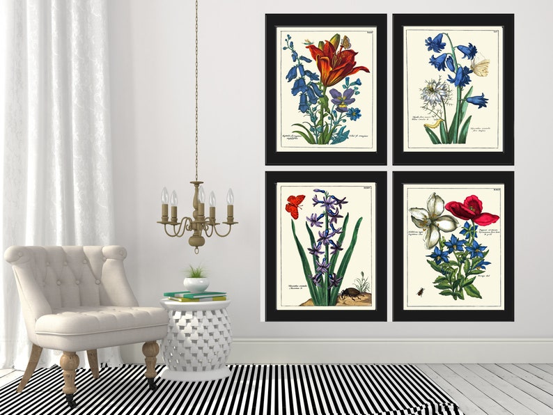 Botanical Prints Wall Art Decor Set of 4 Beautiful Antique Vintage Blue