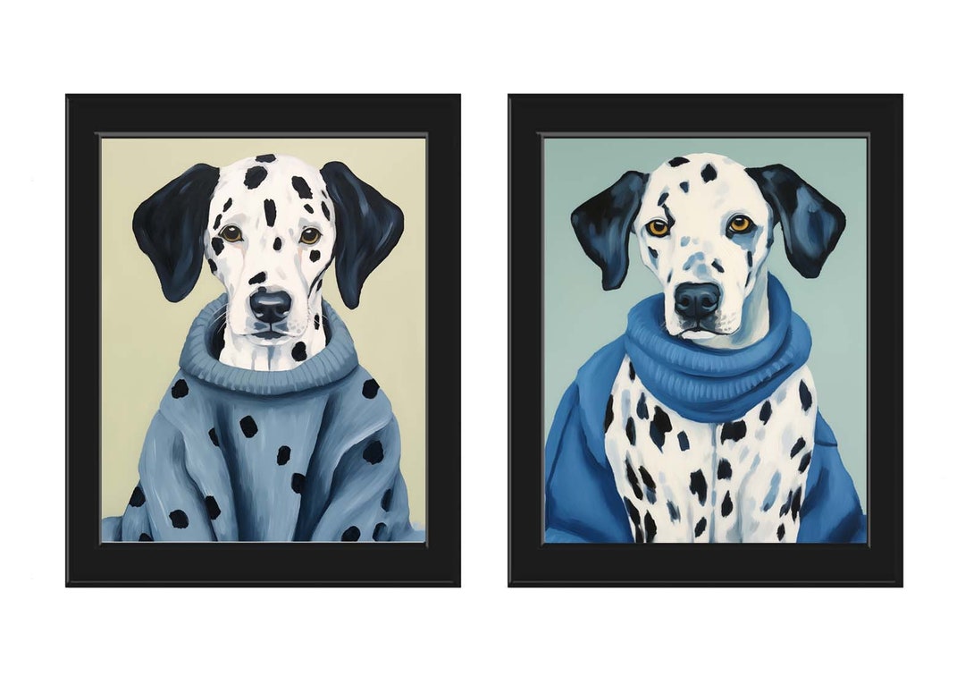 Dalmatian Dog Wall Art Print Portrait Set of 2 Beautiful Blue