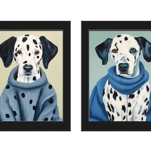 Dalmatian Dog Wall Art Print Portrait Set of 2 Beautiful Blue Sweater Scarf Fun Eclectic Rare Playroom Office Kids Room Home Decor LWAH54