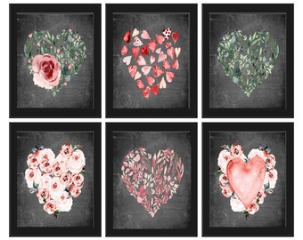 Valentine's day gift present Wall Art Set 6 Beautiful Love Pink Hearts Roses Flowers Vintage Chalkboard Background Home Decor to Frame VAL