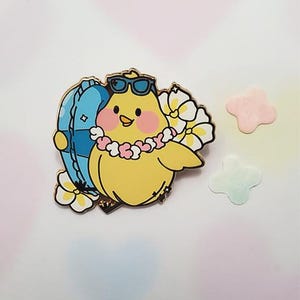 May include: A yellow chick wearing sunglasses and a pink lei holds a blue surfboard with white stars. The chick is surrounded by white flowers with yellow centres.