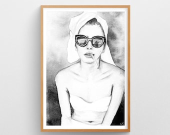 May include: Black and white illustration of a person wearing sunglasses and a towel on their head. The person is smoking a cigarette and has a serious expression on their face.