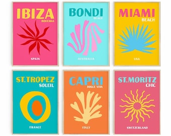 Preppy Wall Art, Colorful Summer Prints, Travel Poster Set of 6, Maximalist Decor, Bondi Beach Miami Ibiza Capri St. Tropez, Dorm Room Decor