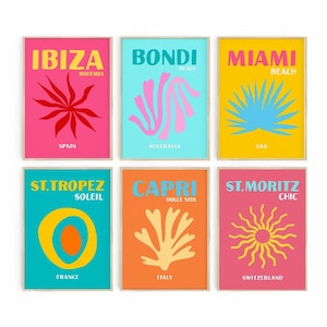 Preppy Wall Art, Colorful Summer Prints, Travel Poster Set of 6, Maximalist Decor, Bondi Beach Miami Ibiza Capri St. Tropez, Dorm Room Decor