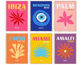 Preppy Room Decor, Travel Poster Set of 6, Maximalist Decor, Preppy Wall Art, Dorm Room Decor,Colorful Posters,Digital Gallery Wall Set-s250
