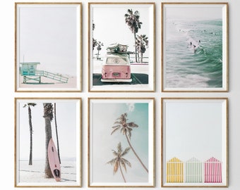 Coastal Wall Art Set of 6 Prints Pink Surfboard Surf Poster Pastel Beach Decor California Beach Surf Print Set Tropical Print Ocean Wall Art