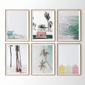 Coastal Wall Art Set of 6 Prints Pink Surfboard Surf Poster Pastel Beach Decor California Beach Surf Print Set Tropical Print Ocean Wall Art