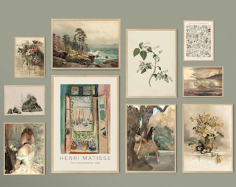 Green Gallery Wall Set Vintage Printable Art Wall Boho Art Prints Set Antique Print Rustic Gallery Wall Print Maximalist Warm Home Decor-s56