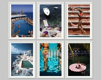 May include: Six framed art prints featuring vintage-style photographs of people enjoying leisure activities. The images depict scenes of swimming pools, boats, and sunbathing, with a focus on summer and vacation themes. The color palette includes blues, reds, and whites.