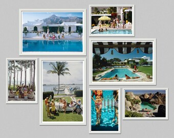 May include: A collection of framed vintage photographs depicting scenes of leisure and recreation. The images showcase swimming pools, tropical settings, and people enjoying outdoor activities, evoking a sense of retro glamour and vacation vibes.