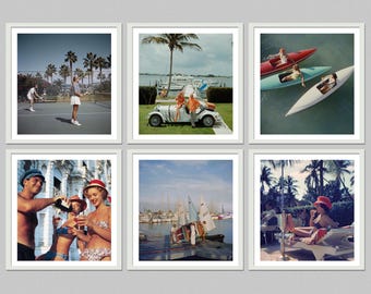 May include: A set of six framed vintage photographs depicting leisure activities. Scenes include tennis, a classic car, people in kayaks, a group drinking, sailboats, and a person relaxing on a lounge chair. The images are in a retro style with a focus on sunny outdoor settings.