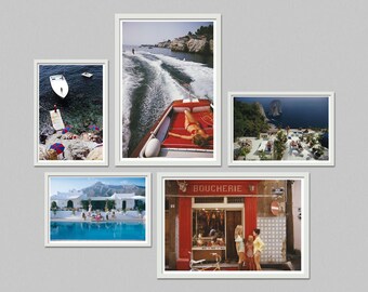May include: A collection of five framed photographs. One shows a boat on the water, another a person sunbathing on a boat, a third a view of a building and the sea, a fourth a swimming pool, and the last a shop with the word "BOUCHERIE".