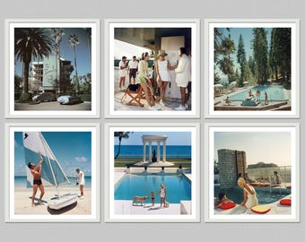 May include: A collection of six framed vintage photographs depicting scenes of leisure and travel. Images include a hotel, people by a pool, a sailboat, and a group of people in white clothing. The color palette is dominated by blues, greens, and whites.