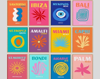 Travel Poster Bundle Set of 12 Print,Miami Beach,Ibiza Capri Bondi Beach Greece Amalfi Tulum Mykonos,Preppy Room Decor,Maximalist Decor-s231