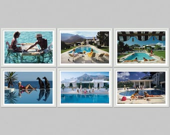 May include: A collection of six framed vintage photographs depicting scenes of leisure and luxury. The images showcase people relaxing by pools, playing games, and enjoying the outdoors. The color palette is vibrant, with blues, greens, and whites dominating the scenes.