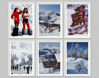 May include: A set of six framed vintage ski resort photographs. The images depict skiers, snowy mountains, and winter scenes. One photo shows two women in red and black ski outfits. Other photos show skiers on a ski lift and enjoying the snow.