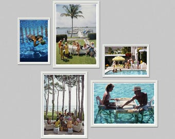 May include: A collection of five framed vintage photographs. The images depict scenes of leisure and recreation, including people by a pool, a group near a car, and individuals playing games. The frames are white, and the overall aesthetic is retro.
